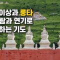초록 초원 위에 흰색 스투파 여러 개가 일렬로 서 있는 모습