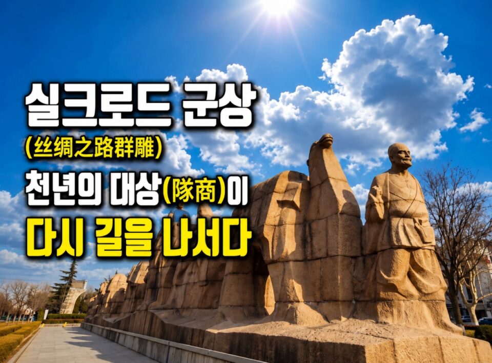 푸른 하늘 아래 길게 늘어진 실크로드 조각군 석조 조각상들
