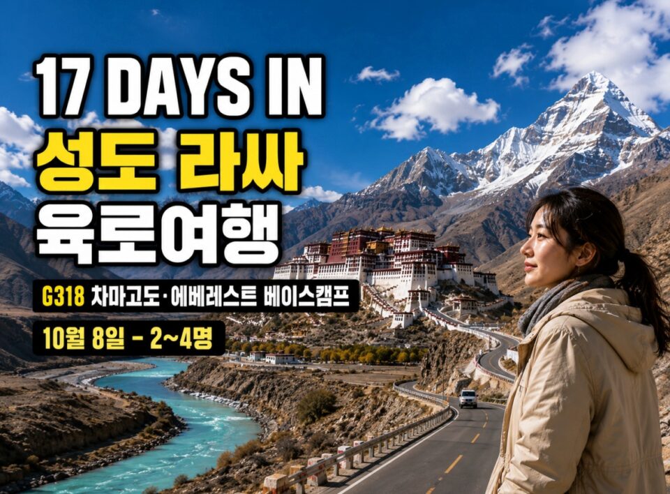 도로 옆에 서서 산과 건물이 보이는 풍경을 바라보는 여성의 모습