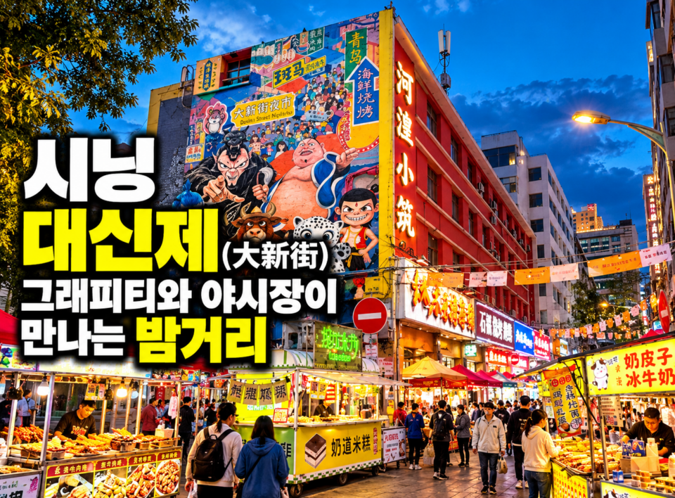 시닝 대신제 거리의 그래피티 벽화와 야시장 풍경, 사람들이 거리를 걷고 있다